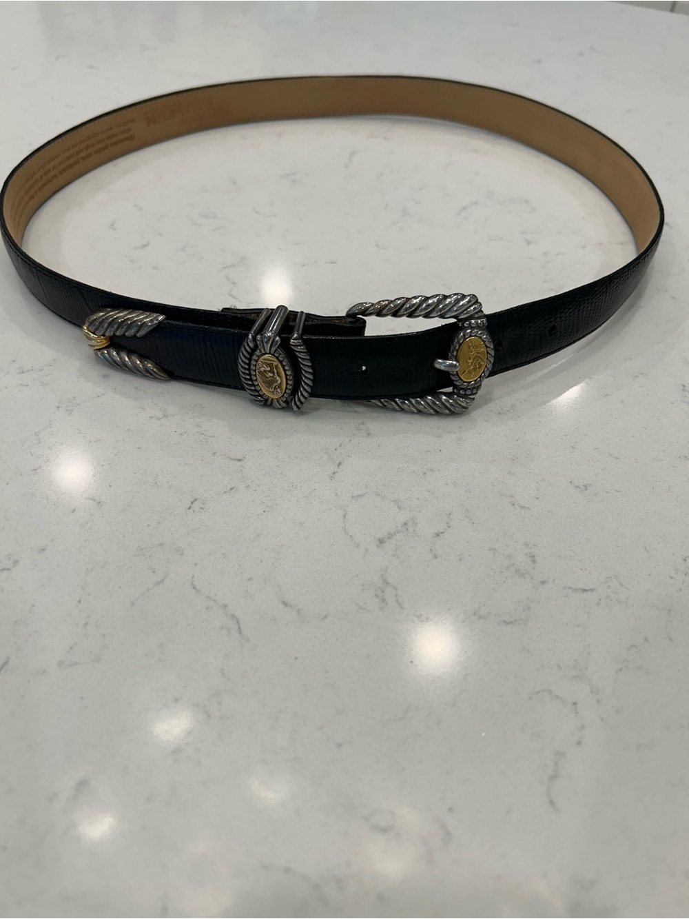 Brighton Museum Collection Black Leather Belt with Silver-Tone Medallions